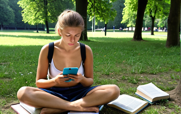 **Image Prompt:** A stressed student surrounded by textbooks and financial regulations, using a meditation app on their phone while sitting outdoors in a park in Germany. Focus on conveying anxiety and the attempt to find balance.