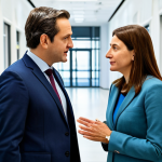 A professional female political consultant in her late 30s, fully clothed in a modest, modern business suit, standing in a brightly lit, contemporary European government building hallway. She is engaged in a natural, respectful conversation with a male colleague, demonstrating active listening and clear communication. Her posture is professional and open, emphasizing informal networking and human connection in political consulting. The background features clean lines, muted colors, and subtle architectural details typical of a modern administrative building. High-quality professional photography, natural pose, perfect anatomy, correct proportions, well-formed hands, proper finger count, safe for work, appropriate content, fully clothed, professional.