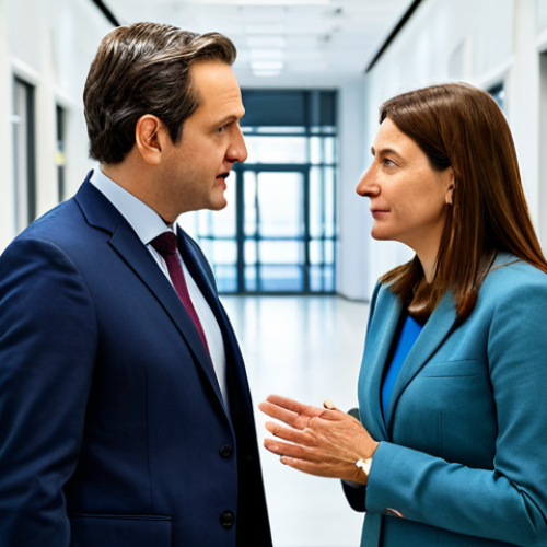 Home 24 A professional female political consultant in her late 30s, fully clothed in a modest, modern business suit, standing in a brightly lit, contemporary European government building hallway. She is engaged in a natural, respectful conversation with a male colleague, demonstrating active listening and clear communication. Her posture is professional and open, emphasizing informal networking and human connection in political consulting. The background features clean lines, muted colors, and subtle architectural details typical of a modern administrative building. High-quality professional photography, natural pose, perfect anatomy, correct proportions, well-formed hands, proper finger count, safe for work, appropriate content, fully clothed, professional.