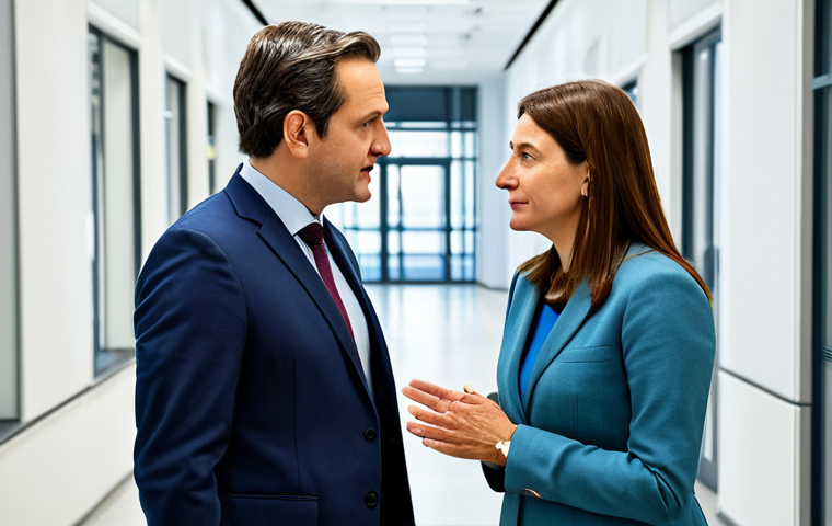 A professional female political consultant in her late 30s, fully clothed in a modest, modern business suit, standing in a brightly lit, contemporary European government building hallway. She is engaged in a natural, respectful conversation with a male colleague, demonstrating active listening and clear communication. Her posture is professional and open, emphasizing informal networking and human connection in political consulting. The background features clean lines, muted colors, and subtle architectural details typical of a modern administrative building. High-quality professional photography, natural pose, perfect anatomy, correct proportions, well-formed hands, proper finger count, safe for work, appropriate content, fully clothed, professional.