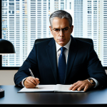 A focused professional political analyst, a man, in a modest dark business suit, sits at a sleek modern desk. His desk is equipped with multiple high-resolution monitors displaying intricate legal texts, complex data visualizations, and detailed policy documents. He holds a pen, poised over a physical document, deep in thought. The background shows a contemporary, well-lit research office with shelves of reference books. Perfect anatomy, correct proportions, natural pose, well-formed hands, proper finger count, natural body proportions. safe for work, appropriate content, fully clothed, professional. High-quality professional photography, studio lighting.