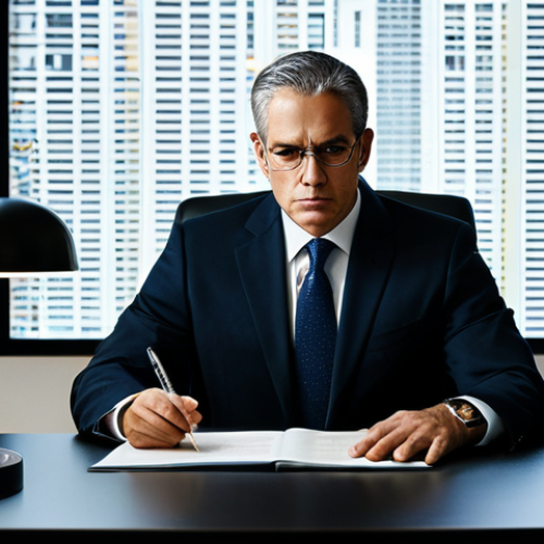 Home 23 A focused professional political analyst, a man, in a modest dark business suit, sits at a sleek modern desk. His desk is equipped with multiple high-resolution monitors displaying intricate legal texts, complex data visualizations, and detailed policy documents. He holds a pen, poised over a physical document, deep in thought. The background shows a contemporary, well-lit research office with shelves of reference books. Perfect anatomy, correct proportions, natural pose, well-formed hands, proper finger count, natural body proportions. safe for work, appropriate content, fully clothed, professional. High-quality professional photography, studio lighting.