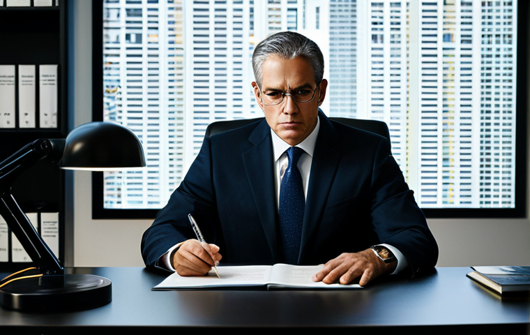 A focused professional political analyst, a man, in a modest dark business suit, sits at a sleek modern desk. His desk is equipped with multiple high-resolution monitors displaying intricate legal texts, complex data visualizations, and detailed policy documents. He holds a pen, poised over a physical document, deep in thought. The background shows a contemporary, well-lit research office with shelves of reference books. Perfect anatomy, correct proportions, natural pose, well-formed hands, proper finger count, natural body proportions. safe for work, appropriate content, fully clothed, professional. High-quality professional photography, studio lighting.