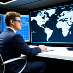 A focused professional political analyst in a modest business suit, fully clothed, sitting at a sleek, modern desk within a high-tech data analysis center. Large, interactive screens surround them, displaying complex charts, graphs, and geopolitical maps, indicating deep research and foresight. The lighting is bright and professional, highlighting intricate details of the workspace. The image conveys a sense of intellectual intensity and precision. This scene depicts perfect anatomy, correct proportions, natural pose, well-formed hands, proper finger count, and natural body proportions, ensuring a high-quality professional photograph. Safe for work, appropriate content, fully clothed, professional.