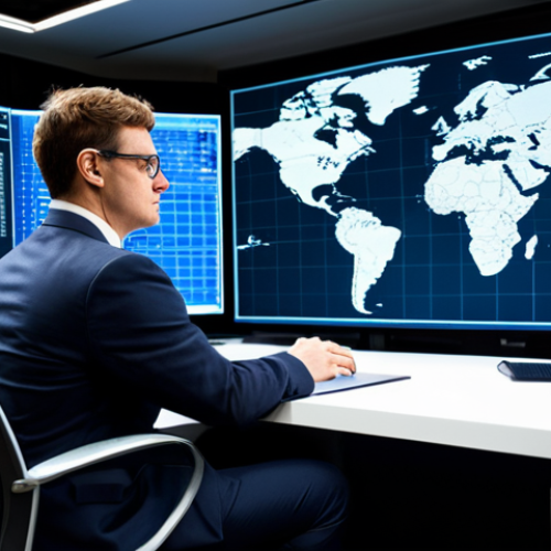 Home 22 A focused professional political analyst in a modest business suit, fully clothed, sitting at a sleek, modern desk within a high-tech data analysis center. Large, interactive screens surround them, displaying complex charts, graphs, and geopolitical maps, indicating deep research and foresight. The lighting is bright and professional, highlighting intricate details of the workspace. The image conveys a sense of intellectual intensity and precision. This scene depicts perfect anatomy, correct proportions, natural pose, well-formed hands, proper finger count, and natural body proportions, ensuring a high-quality professional photograph. Safe for work, appropriate content, fully clothed, professional.