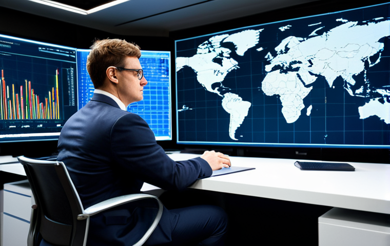 A focused professional political analyst in a modest business suit, fully clothed, sitting at a sleek, modern desk within a high-tech data analysis center. Large, interactive screens surround them, displaying complex charts, graphs, and geopolitical maps, indicating deep research and foresight. The lighting is bright and professional, highlighting intricate details of the workspace. The image conveys a sense of intellectual intensity and precision. This scene depicts perfect anatomy, correct proportions, natural pose, well-formed hands, proper finger count, and natural body proportions, ensuring a high-quality professional photograph. Safe for work, appropriate content, fully clothed, professional.