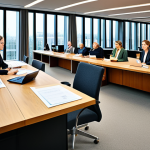 A diverse group of professional political analysts, each fully clothed in appropriate, modest business attire, in a dynamic composite image. On one side, a formal setting resembling a German federal ministry office with classic wooden desks and official documents, representing public service. On the other side, a sleek, modern, open-plan office space with glass walls and contemporary furniture, symbolizing a private sector consulting firm. Both scenes showcase individuals engaged in thoughtful analysis, working with policy papers and laptops. The image emphasizes the varied career paths and professional environments. Perfect anatomy, correct proportions, natural pose, well-formed hands, proper finger count, natural body proportions, professional photography, high quality, safe for work, appropriate content, fully clothed, professional.
