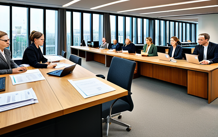 A diverse group of professional political analysts, each fully clothed in appropriate, modest business attire, in a dynamic composite image. On one side, a formal setting resembling a German federal ministry office with classic wooden desks and official documents, representing public service. On the other side, a sleek, modern, open-plan office space with glass walls and contemporary furniture, symbolizing a private sector consulting firm. Both scenes showcase individuals engaged in thoughtful analysis, working with policy papers and laptops. The image emphasizes the varied career paths and professional environments. Perfect anatomy, correct proportions, natural pose, well-formed hands, proper finger count, natural body proportions, professional photography, high quality, safe for work, appropriate content, fully clothed, professional.
