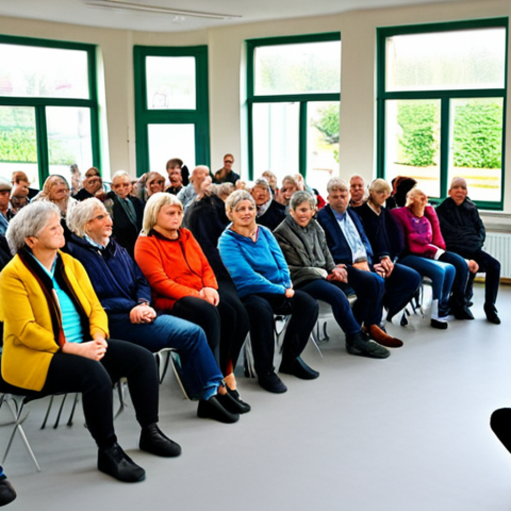 **

"A group of diverse citizens participating in a lively Bürgerforum (town hall meeting) in a modern, light-filled Gemeindehaus (community center) in Germany. They are actively discussing local policies with a respectful tone. Fully clothed, appropriate attire, safe for work, professional atmosphere, well-lit, natural proportions, perfect anatomy, family-friendly."

**