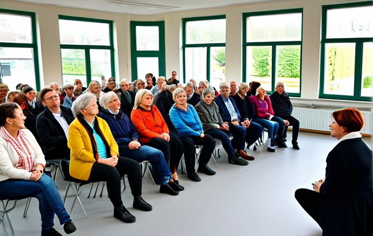 **
"A group of diverse citizens participating in a lively Bürgerforum (town hall meeting) in a modern, light-filled Gemeindehaus (community center) in Germany. They are actively discussing local policies with a respectful tone. Fully clothed, appropriate attire, safe for work, professional atmosphere, well-lit, natural proportions, perfect anatomy, family-friendly."
**
