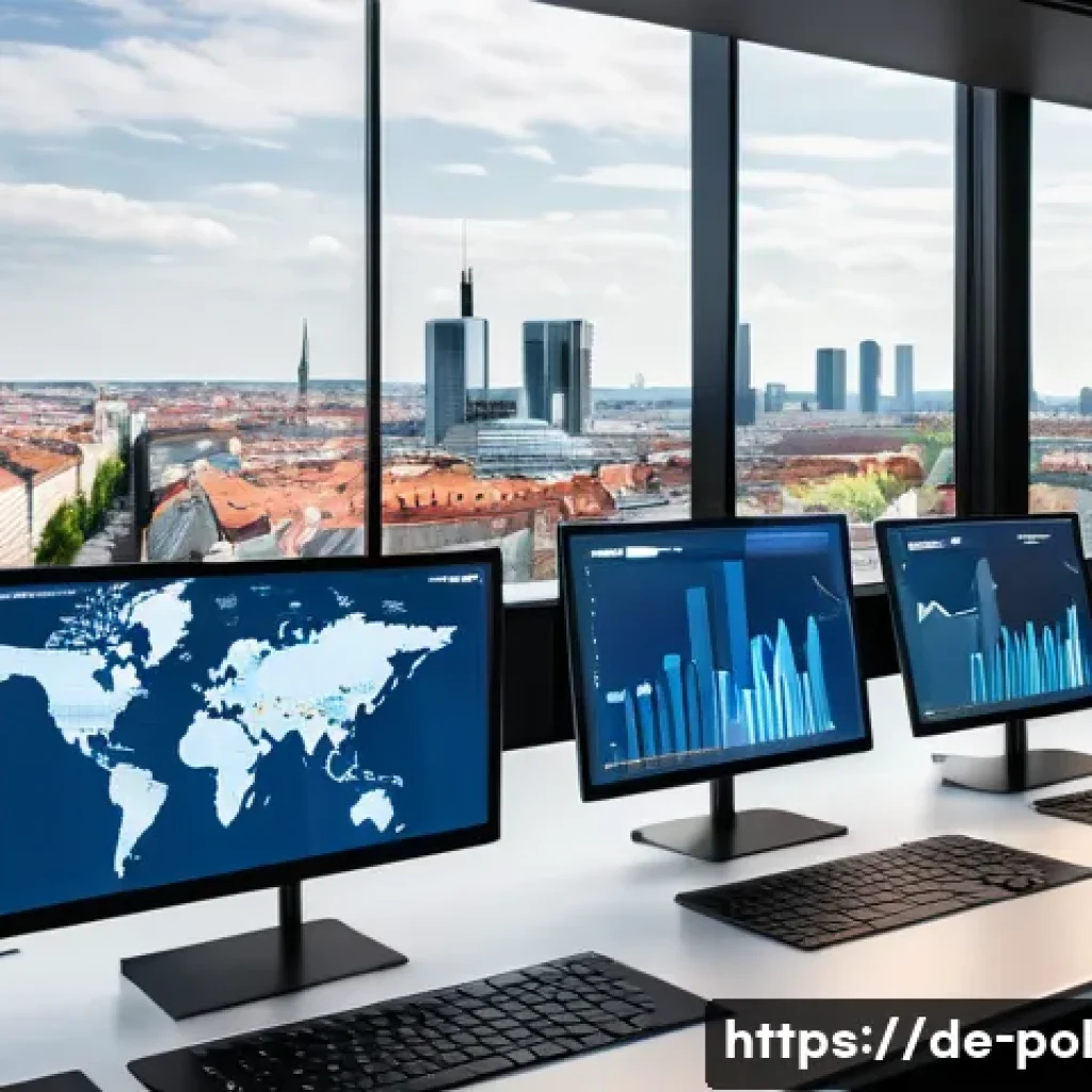 정책분석사와 최신 동향을 반영한 정책 분석 - A modern political analyst&rsquo;s workspace in Berlin, featuring multiple large interactive dashboards di...