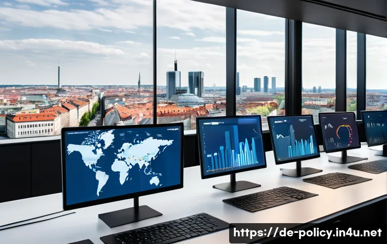 정책분석사와 최신 동향을 반영한 정책 분석 - A modern political analyst’s workspace in Berlin, featuring multiple large interactive dashboards di...