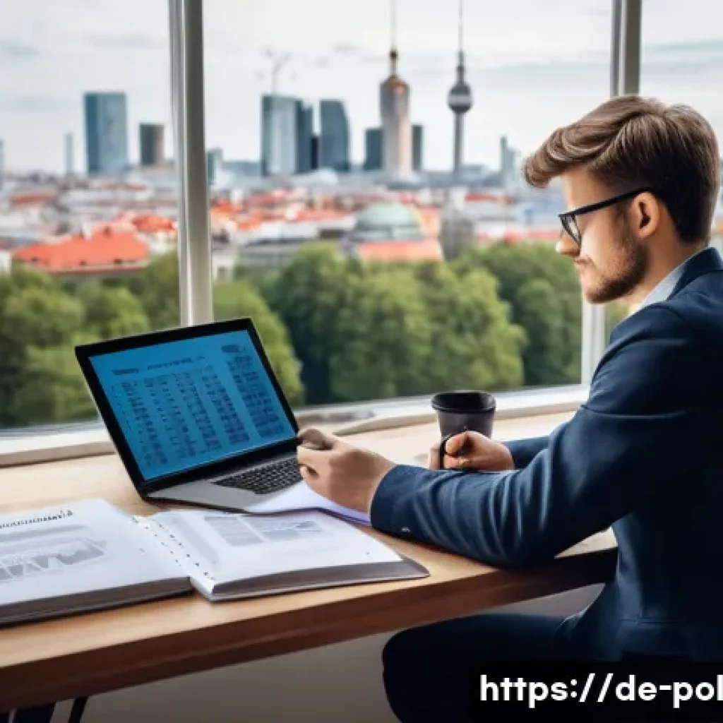 정책분석사 시험 준비 전략 - A detailed, modern study room scene in Berlin with a young German policy analyst sitting at a sleek ...
