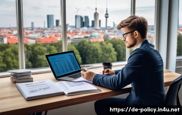 정책분석사 시험 준비 전략 - A detailed, modern study room scene in Berlin with a young German policy analyst sitting at a sleek ...