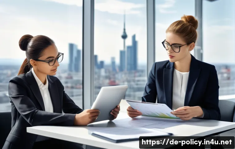 정책분석사와 다양한 직업 선택 기회 - A modern corporate office scene showing a diverse group of policy analysts in business attire, inclu...