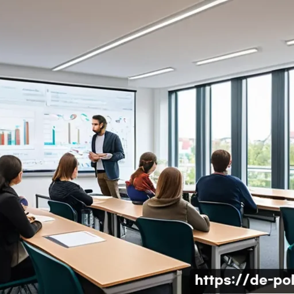 정책분석사와 실습을 통한 스킬 개발 - A modern university classroom scene in Germany, showing a diverse group of adult students engaged in...