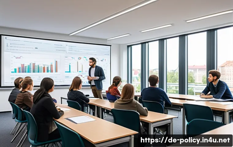 정책분석사와 실습을 통한 스킬 개발 - A modern university classroom scene in Germany, showing a diverse group of adult students engaged in...
