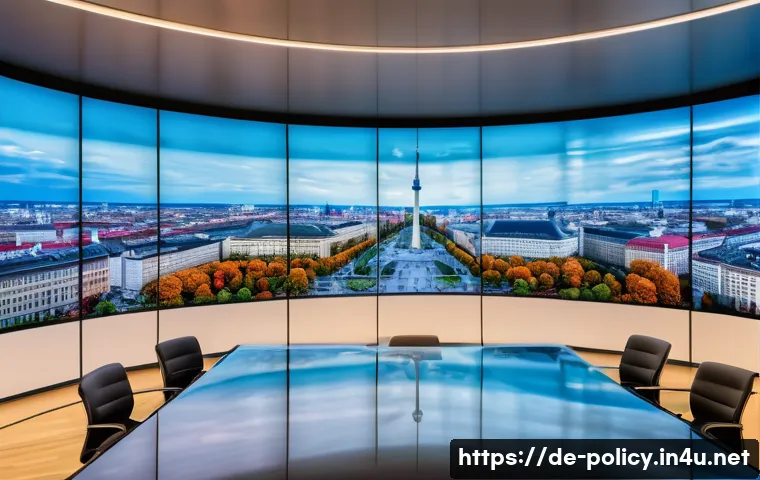 정책분석사와 정책의 데이터 분석 활용 사례 - A modern political conference room in Berlin with diverse policymakers and data analysts collaborati...