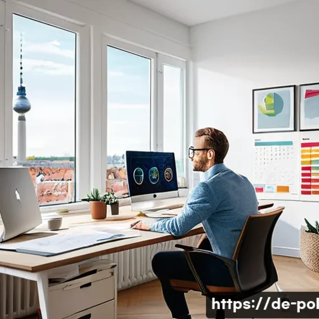 정책분석사 워라밸 실현 가능한가 - A modern political analyst working from a bright, organized home office in Berlin, Germany, wearing ...