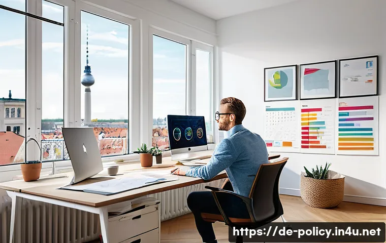 정책분석사 워라밸 실현 가능한가 - A modern political analyst working from a bright, organized home office in Berlin, Germany, wearing ...