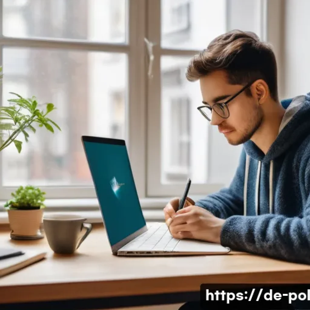 정책분석사 자격증 효율적으로 공부하는 법 - A focused young adult studying at a modern desk in a cozy German-style apartment, surrounded by poli...