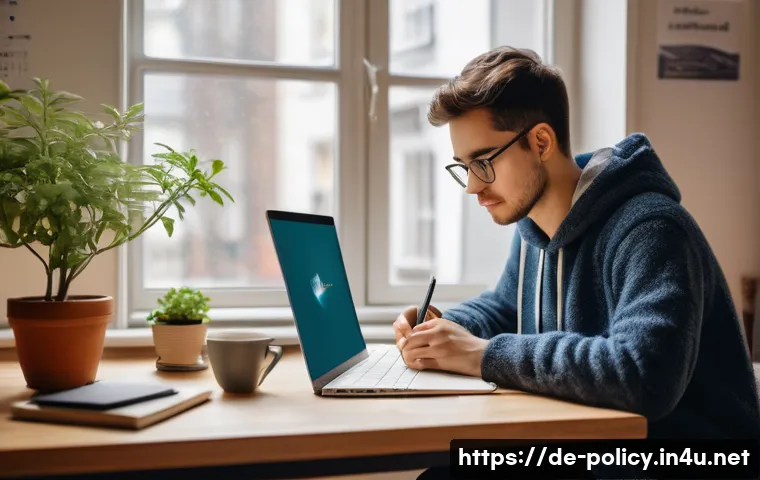 정책분석사 자격증 효율적으로 공부하는 법 - A focused young adult studying at a modern desk in a cozy German-style apartment, surrounded by poli...