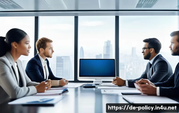 정책분석사 채용 과정 상세 안내 - A professional office scene showing a diverse group of policy analysts collaborating around a confer...