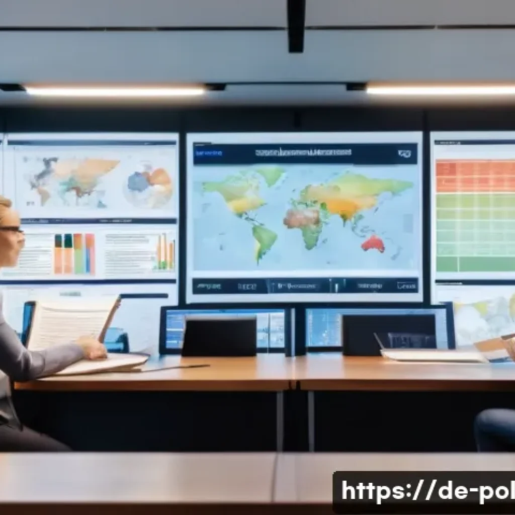 정책분석사와 공공정책 성공 사례 연구 - A modern political analyst office scene in Berlin, Germany, featuring a diverse team of professional...