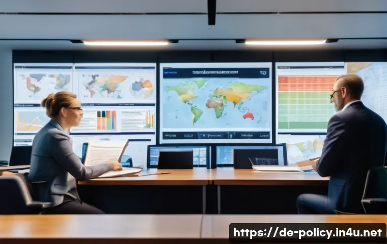 정책분석사와 공공정책 성공 사례 연구 - A modern political analyst office scene in Berlin, Germany, featuring a diverse team of professional...
