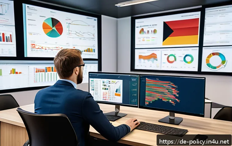 정책분석사와 다양한 정책 수립 사례 - A detailed illustration of a modern political data analysis scene in Germany: a diverse group of pro...