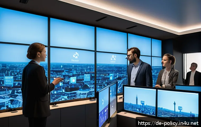 정책분석사와 공공정책 연구의 새로운 접근법 - A modern political research lab in Berlin, Germany, featuring diverse researchers analyzing big data...