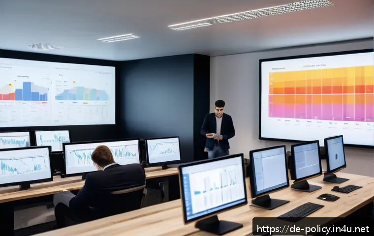 정책분석사와 데이터 분석의 기본 - A modern political data analysis office scene in Germany, featuring a diverse group of professionals...