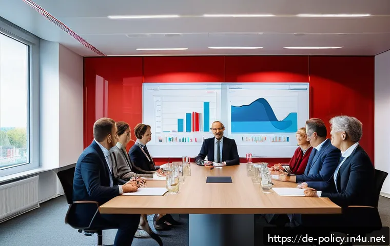 정책분석사와 기획안 작성법 - A modern office meeting room scene in Berlin with diverse professionals in business attire, gathered...