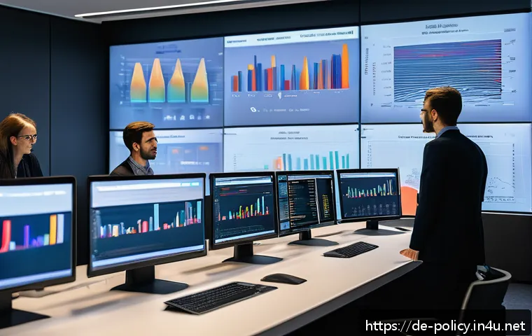 정책분석사와 통계 분석의 중요성 - A modern political analyst office setting in Berlin, Germany, featuring a diverse team of political ...