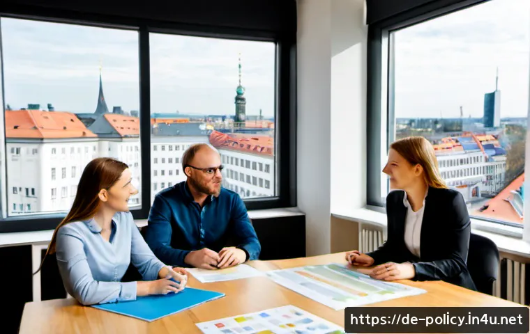 정책분석사와 국제기구의 정책 사례 - Photorealistic policy analyst in a bright modern Berlin office, a diverse team comparing printed reg...
