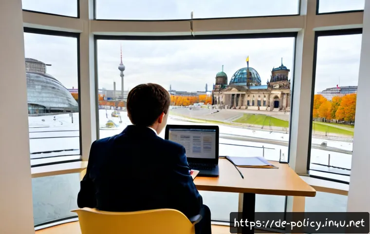 정책분석사와 실무와 연구의 균형 - Photorealistic German policy analyst in a bright Berlin office, seated between a laptop showing abst...
